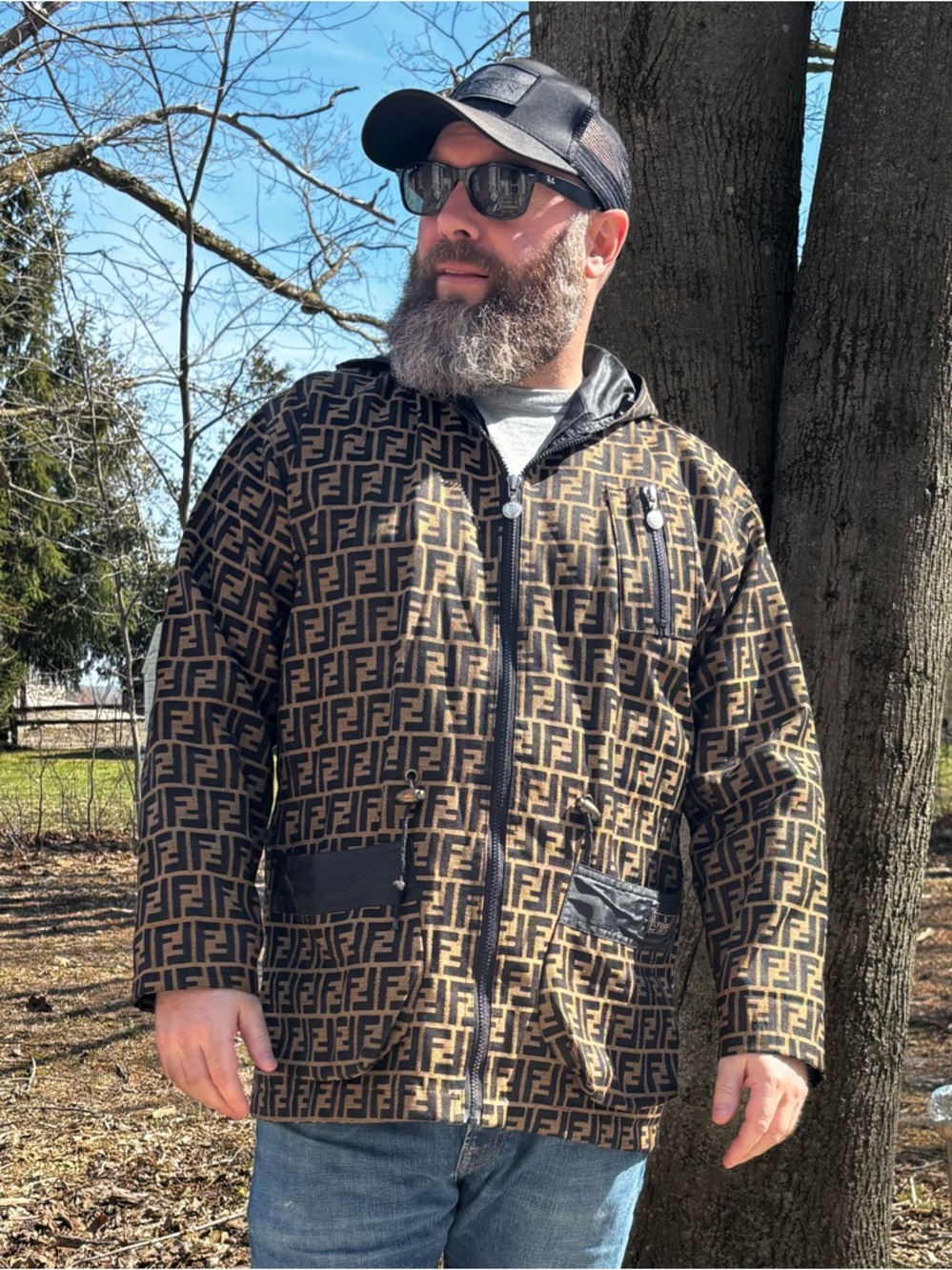 Vintage Fendi Zucca Print Monogram Hooded Zip-Up Jacket in Brown & Black